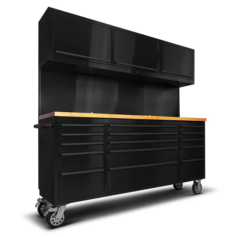 Black tool cabinet with wooden top on a white background