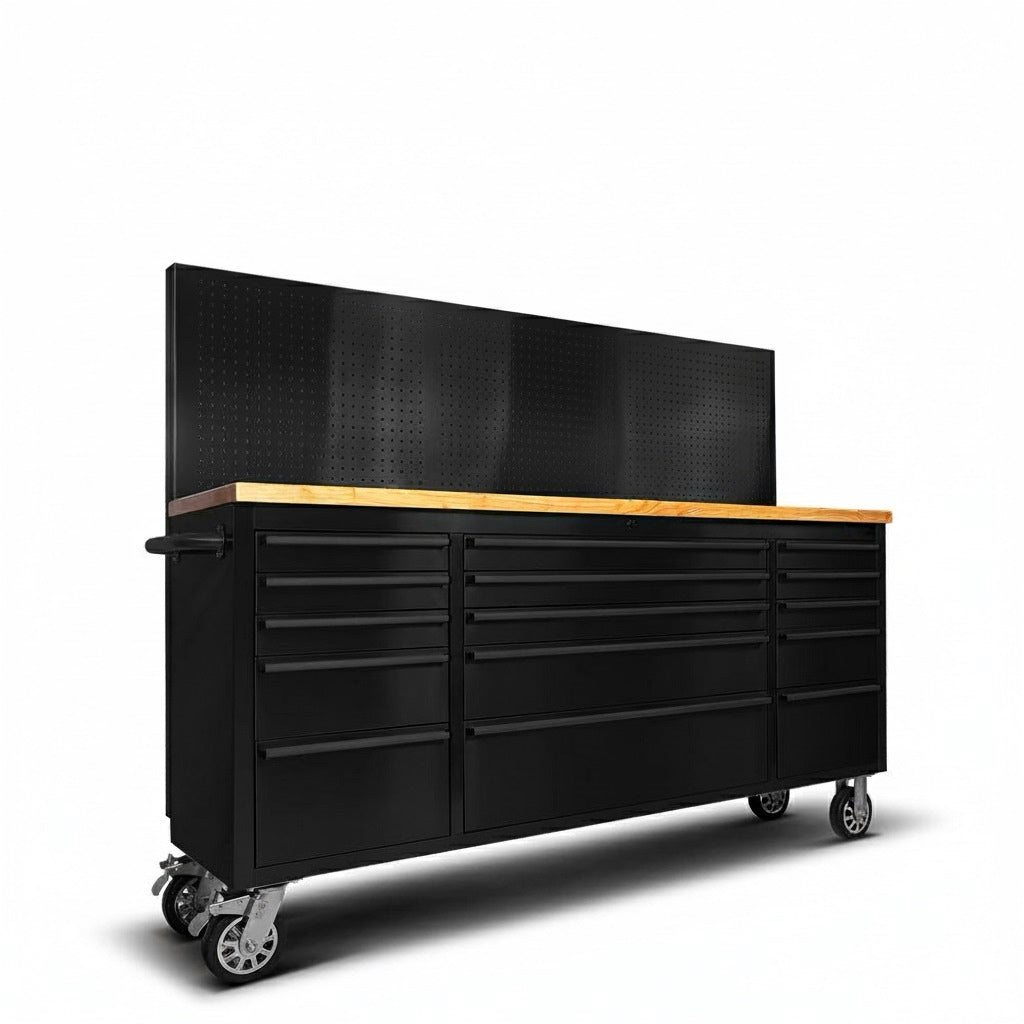 Black tool cabinet with wooden top on a white background