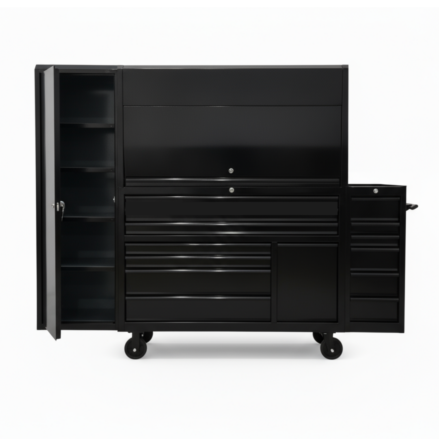 Black tool cabinet with multiple drawers and doors on wheels against a white background