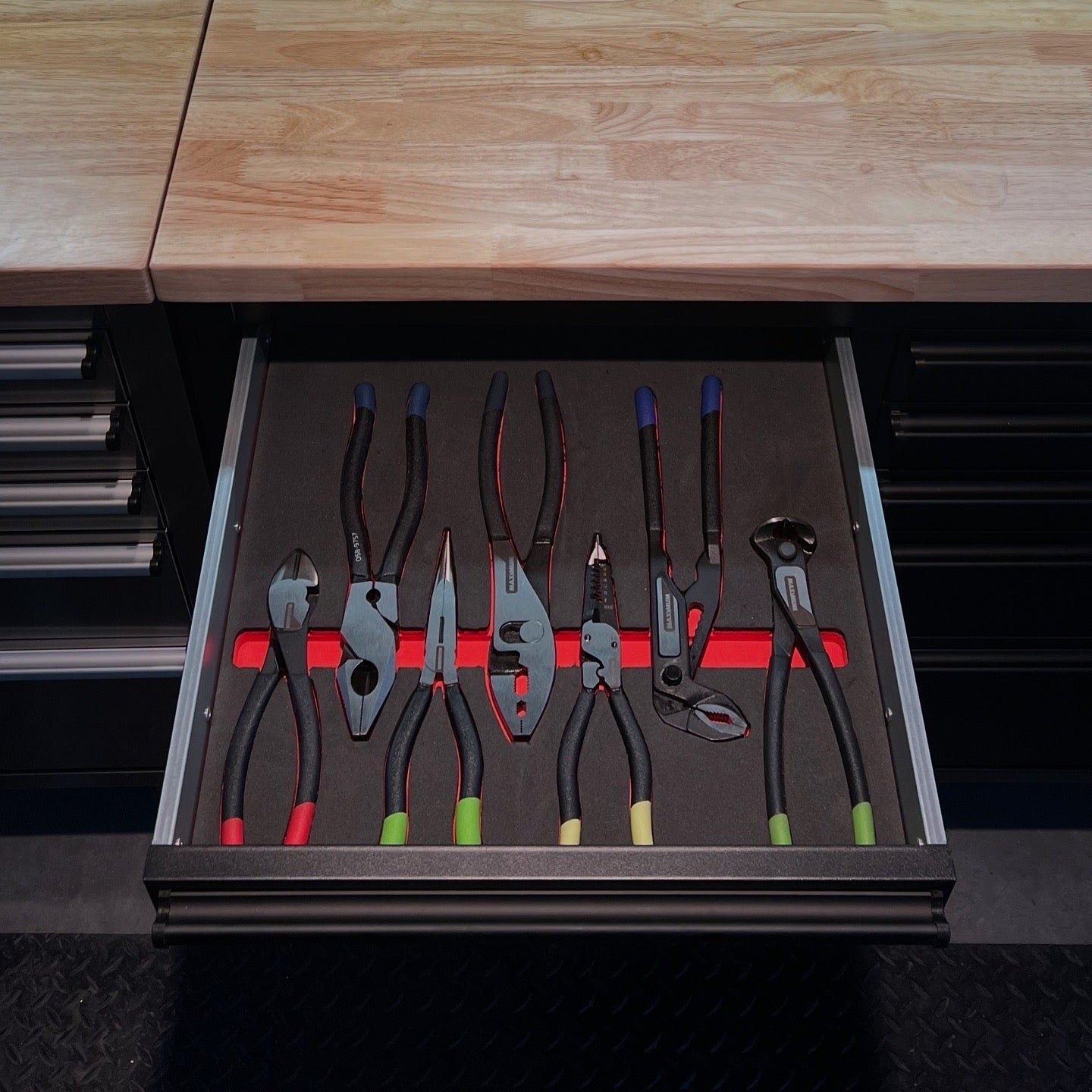 Set of pliers in a drawer inside EVA foam