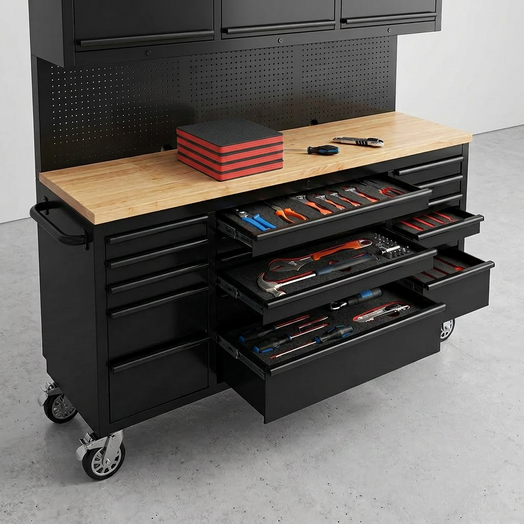 Black tool chest with open drawers containing tools on a concrete floor.