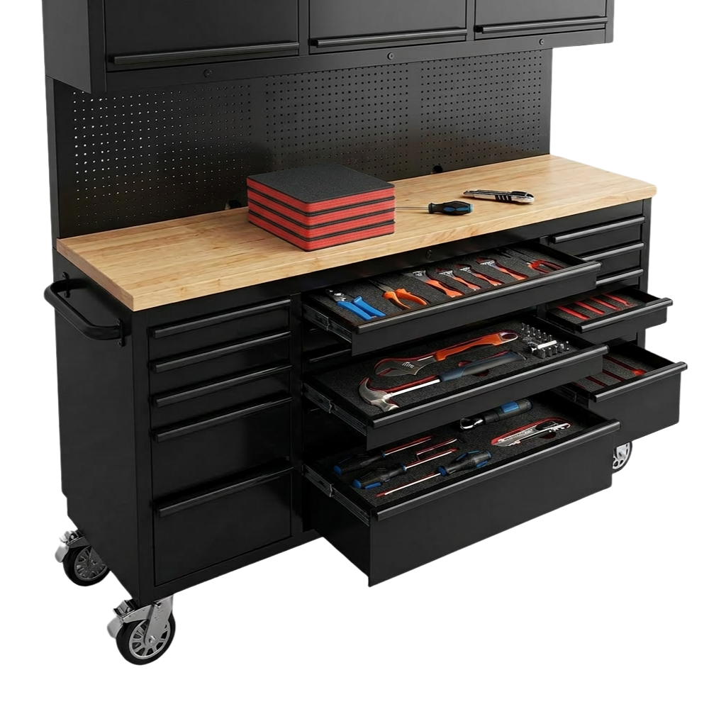 Black tool chest with open drawers containing Foam Inserts & tools on a white background