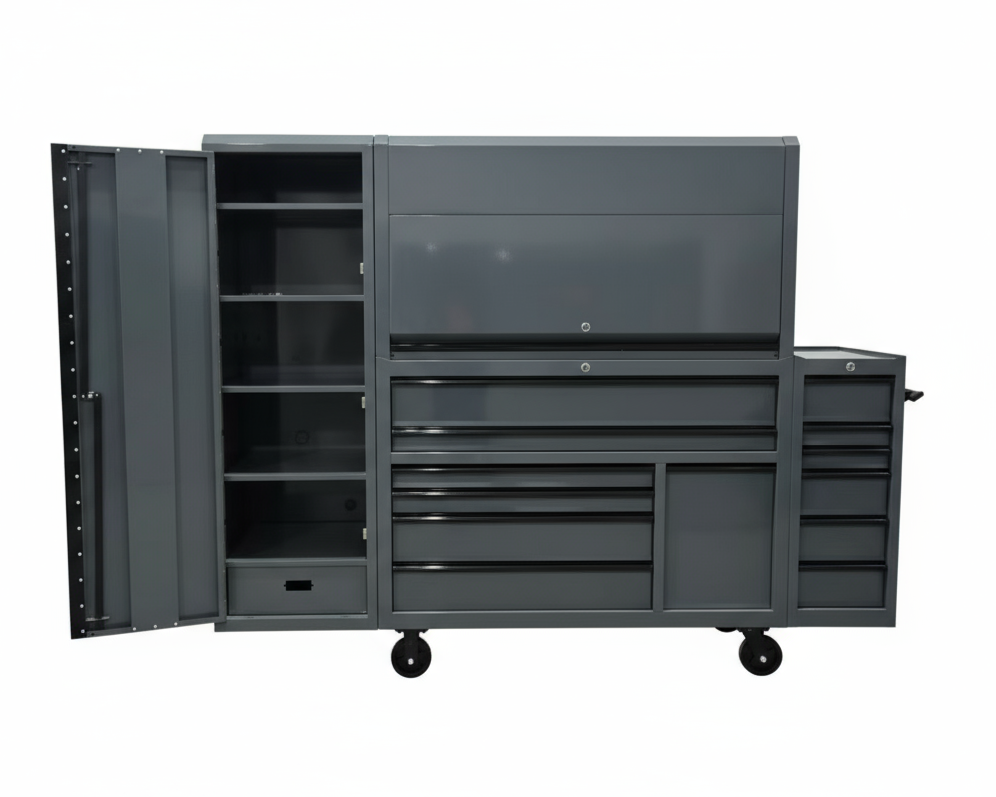 Gray tool cabinet with multiple drawers and doors on a white background