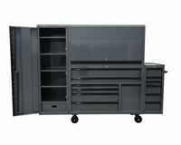 Gray tool cabinet with multiple drawers and doors on a white background