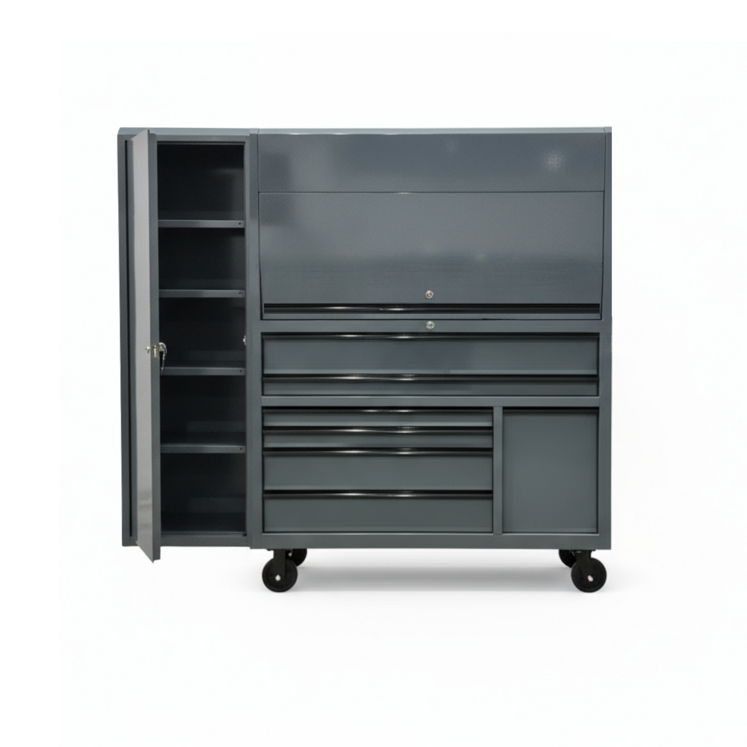 Gray metal storage cabinet with multiple drawers and shelves on a white background