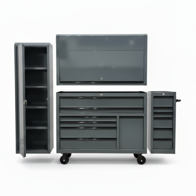 Set of gray tool cabinets on a white background