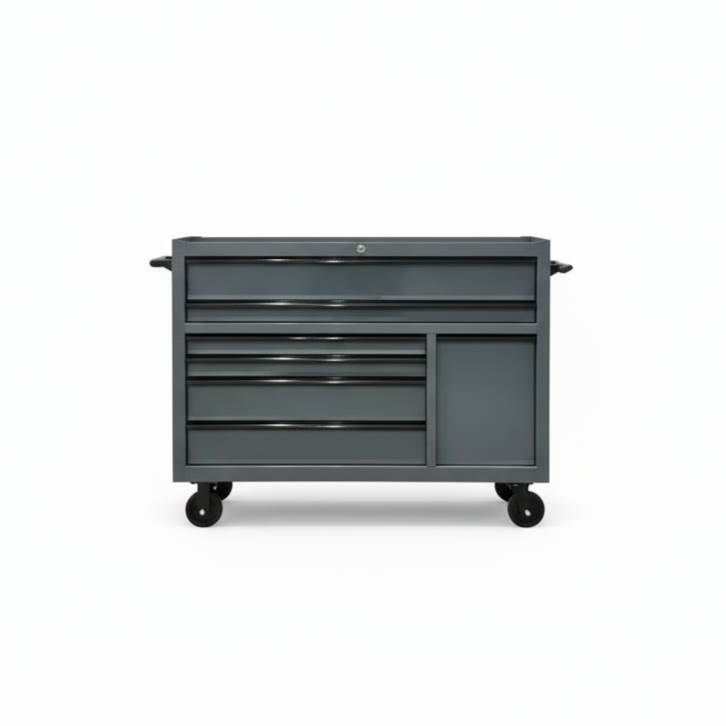 Gray tool chest with multiple drawers on a white background