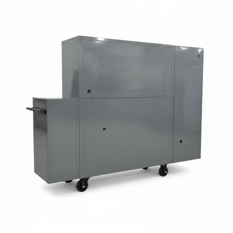 Gray metal storage cabinet on wheels with a textured door on a white background