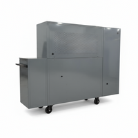 Gray metal storage cabinet on wheels with a textured door on a white background