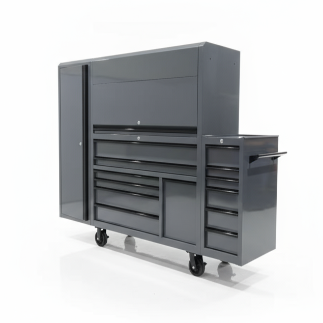Gray tool cabinet with multiple drawers on a white background