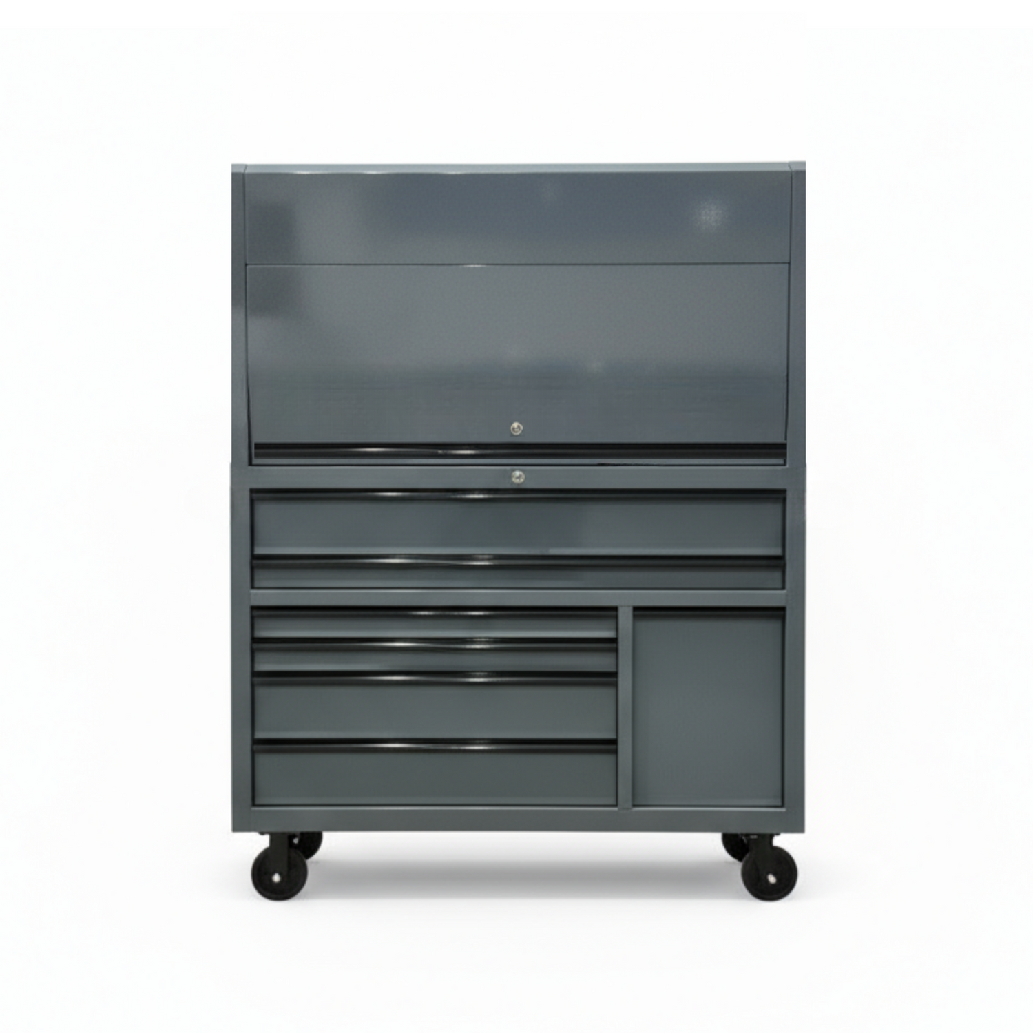 Gray metal tool cabinet with multiple drawers on a white background