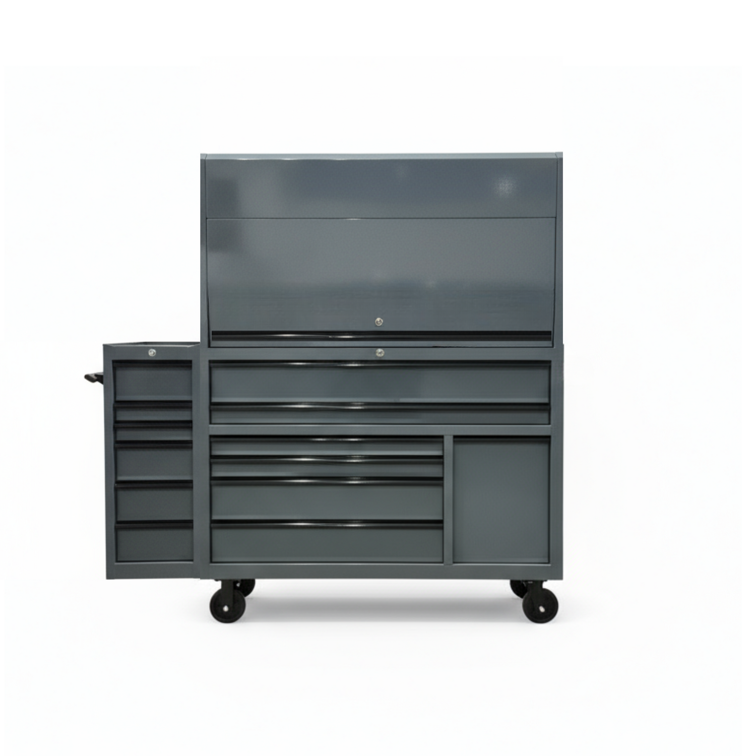 Gray tool cabinet with multiple drawers on a white background